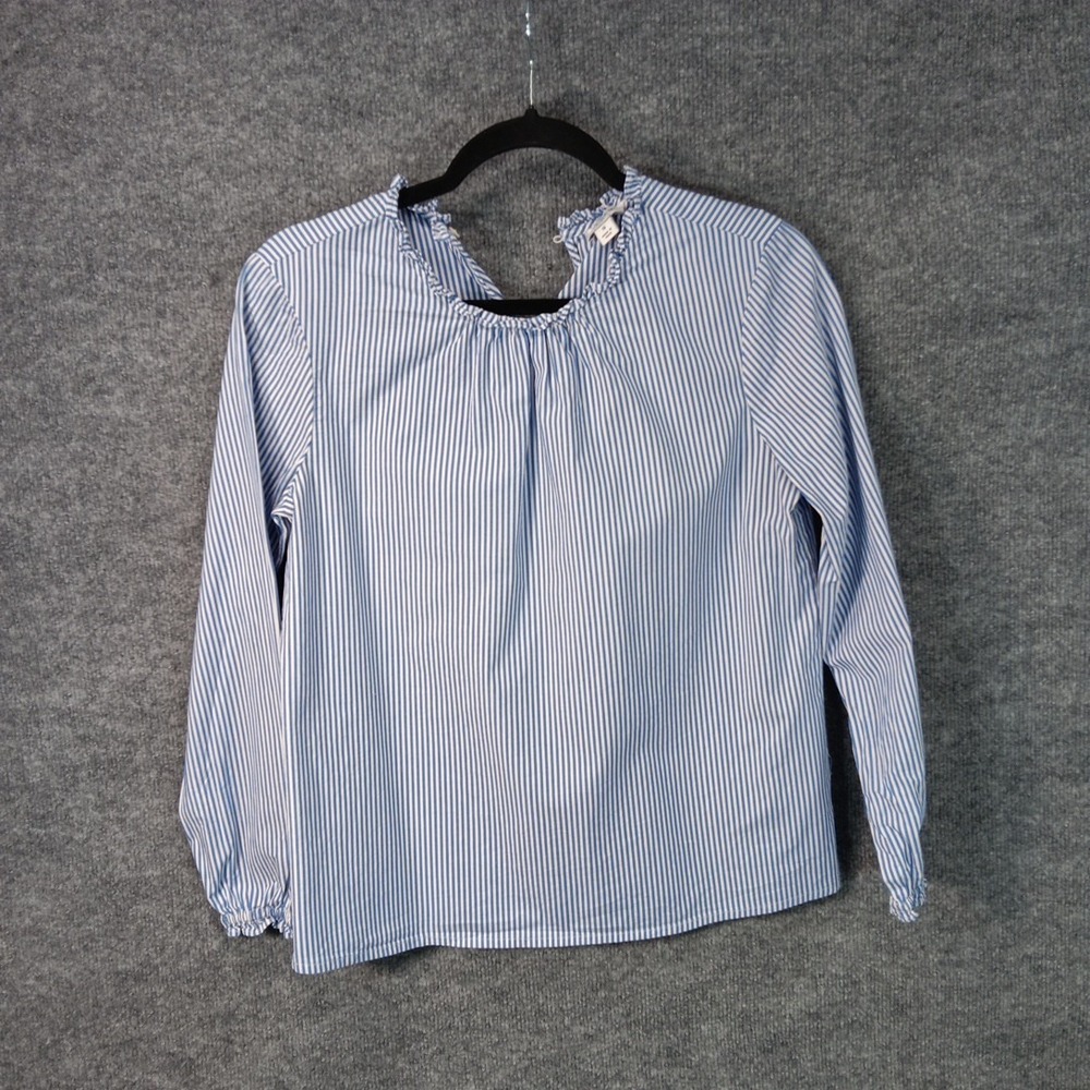 J.Crew Blue White Striped Ruffle Neck Blouse Long Sleeve Top Women's Size Small
